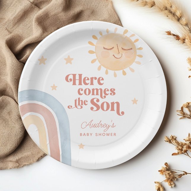 Prato De Papel Pequeno Chá de fraldas Sol e Arco-Íris (Cute Little Sun & Rainbow Boho Baby Shower Paper Plates)