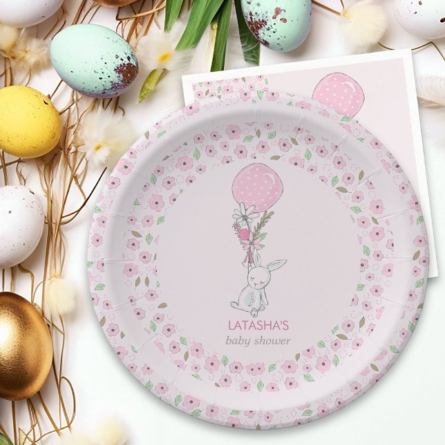 Prato De Papel Pequeno Coelhinho e Chá de fraldas de Garota Rosa  (Girl Baby Shower Plates from my Little Bunny & Balloon Baby Shower collection)