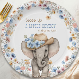 Prato De Papel Pequeno Elefante Cowboy e Boho Wildflower