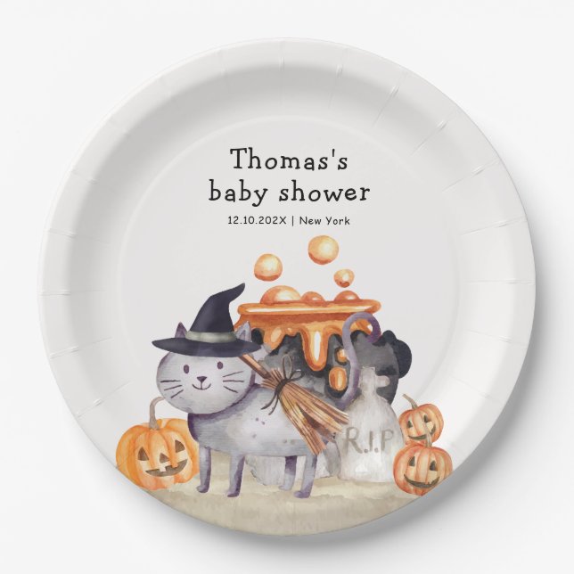 Prato De Papel Pequeno Gato De Boo No Chá de fraldas De Criação D (Frente)