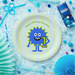 Prato De Papel Pequeno primeiro aniversario azul-monstro