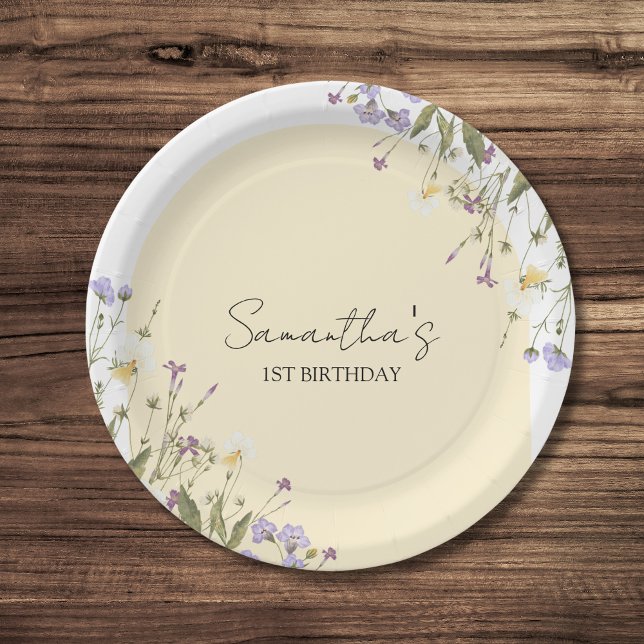 Prato De Papel Pequeno primeiro aniversario Botânico Floral de Fl (Little wildflower birthday paper plates)