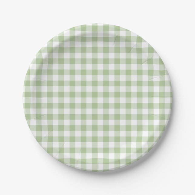 Prato De Papel Pequeno Sage e Gingham Branco (Frente)