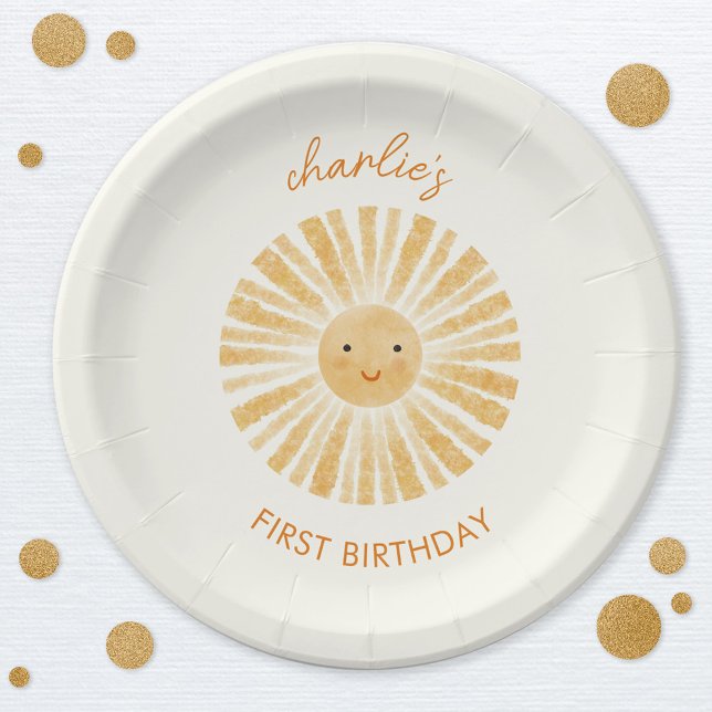 Prato De Papel Pequeno Sol Primeiro Aniversário Personalizado (Little Sunshine happy watercolor personalized name first birthday party paper plates)
