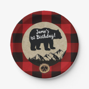 Prato De Papel Pequeno Urso Selvagem Um Flannel Lumberjack Aniver