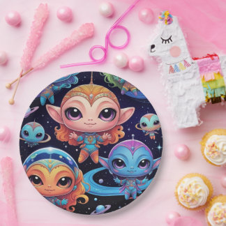 Prato De Papel Pequenos Aliens multicoloridos no espaço