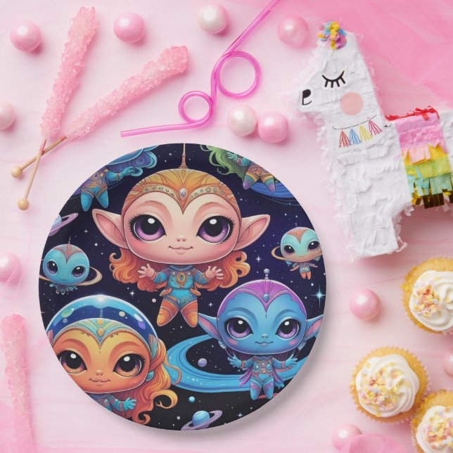 Prato De Papel Pequenos Aliens multicoloridos no espaço (Festa)