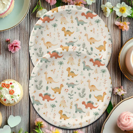 Prato De Papel Pequenos Dinossauros Beige Toneladas Neutrais
