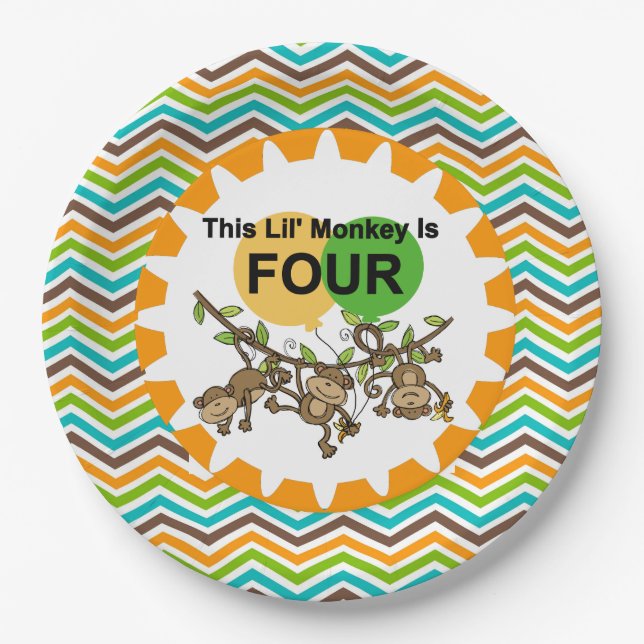 Prato De Papel Pequenos Macacos - Quarto Aniversário - Placas de  (Frente)