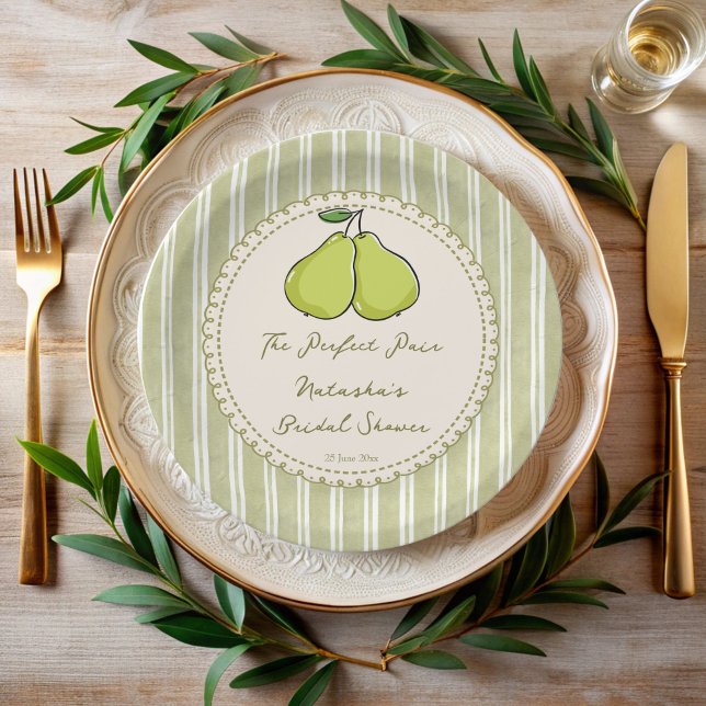 Prato De Papel Perfect pair sage green stripe pear bridal shower (Perfect pair sage retro green stripes pear bridal shower personalized printed paper plates)