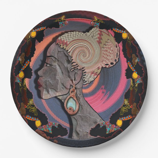Prato De Papel Perfil de mulher africana numa cesta tecida (Frente)