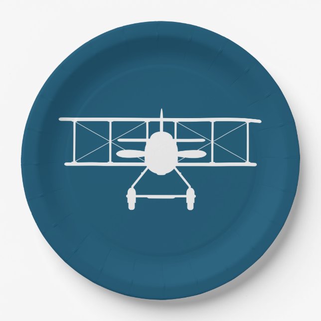 Prato De Papel Perfil do avião branco no fundo azul (Frente)