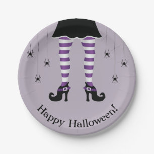 Prato De Papel Pernas de Bruxa Roxa E Aranhas Feliz Halloween