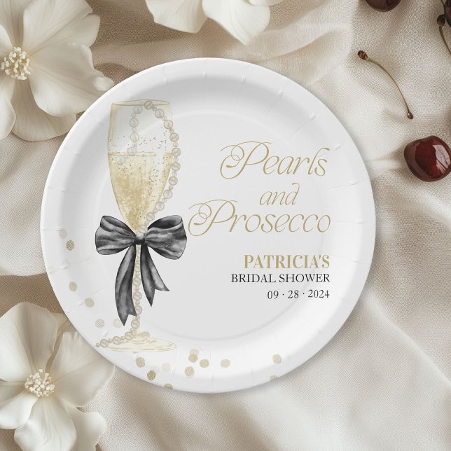 Prato De Papel Pérolas Black Bow e Prosecco Chá de Bebê da Noiva (Criador carregado)