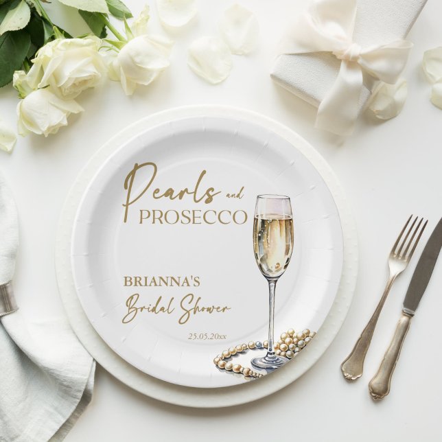 Prato De Papel Pérolas e chá de panela de prosecco com impressão  (Pearls and prosecco bridal shower elegant monogram printed paper plates personalized tableware decor)