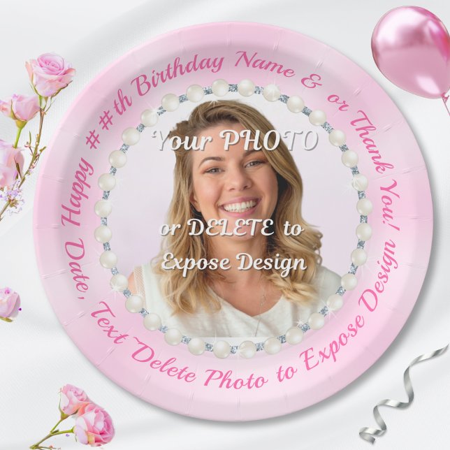Prato De Papel Pérolas e Rosas claro de papel, com FOTO (Personalized birthday party plates with picture. Pearl birthday party. Pink birthday paper plates.)