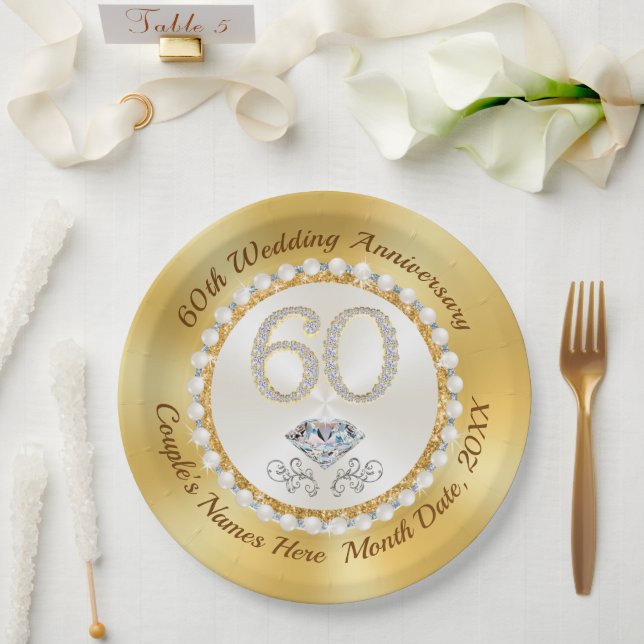 Prato De Papel Personalizadas, Placas de Papel do 60º Aniversário (Casamento)