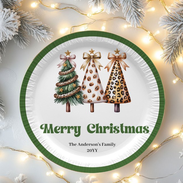 Prato de Papel Personalizado Árvore de Natal Leopa (Charming Leopard Christmas Tree Custom Paper Plates)