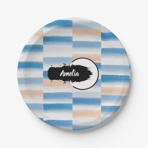 Prato De Papel Personalizado Azul Pêssego Aquarela Redondo 