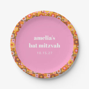 Prato De Papel Personalizado de Bat Mitzvah Laranja Cor-de-Rosa C