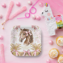 Prato de Papel Personalizado de Cavalo – Rosa Bege