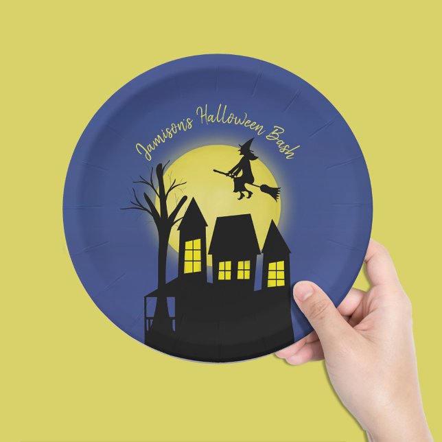 Prato De Papel Personalizado de Dia das Bruxas de Spooky Haunted  (halloween haunted house paper plate.)