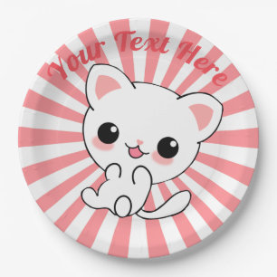 Prato De Papel Personalizado de Kawaii White Kitten