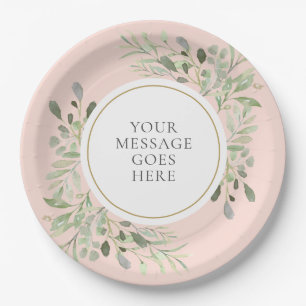 Prato De Papel Personalizado Elegante Rosa Bege Dourado Folhagem