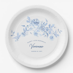 Prato De Papel Personalizado Floral Rosa Azul de aniversário de 3