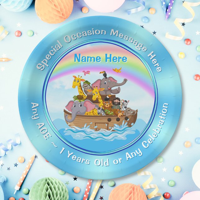 Prato De Papel PERSONALIZADO, Placas de Papel de Arca de Noah. 3  (Noah's Ark paper plates. Christian kids birthday party. Noah's ark decorations. Noahs Ark Plates.)