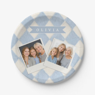 Prato De Papel Personalizado Preppy Azul Suave Fofinho Argyle Nom