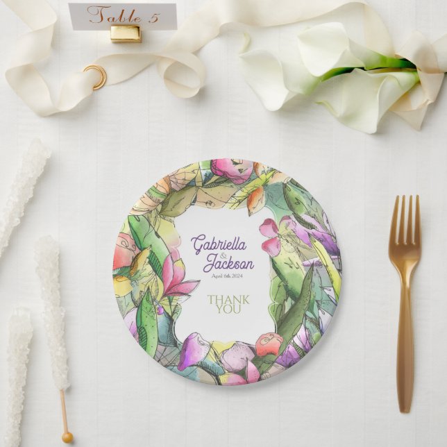 Prato De Papel Personalizar Floral de Aquarela Descrito (Casamento)