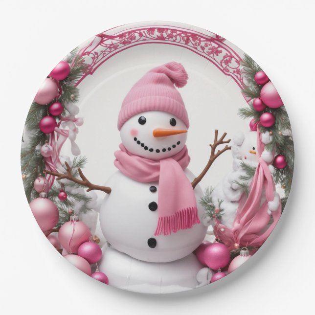 Prato De Papel Personalizar: Homem de Neve de Natal Rosa (Frente)