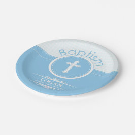 Prato De Papel Personalizável, Menino Azul Filho de Deus Batismo