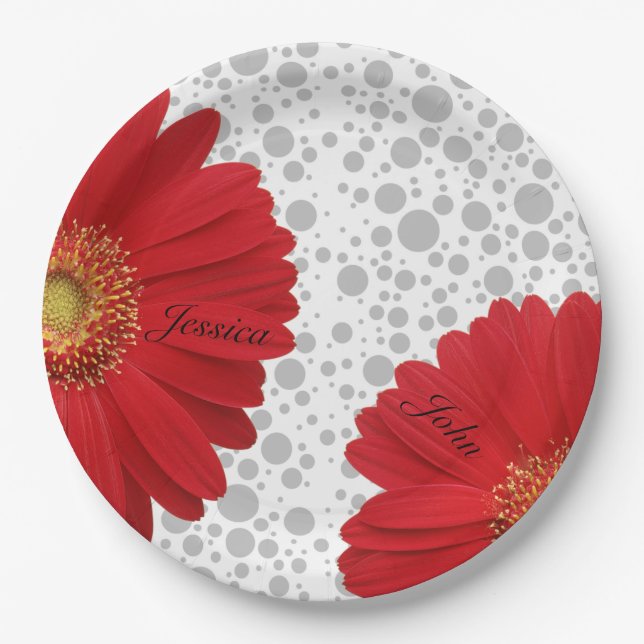Prato De Papel Personalize a Bolinhas Red Daisy, mude o ponto de  (Frente)