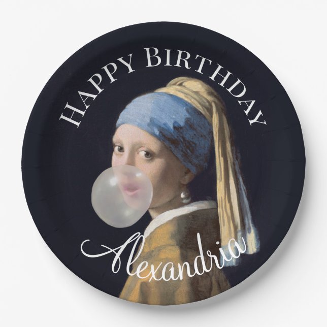 Prato De Papel Personalize a garota com chiclete a brinco de péro (Frente)