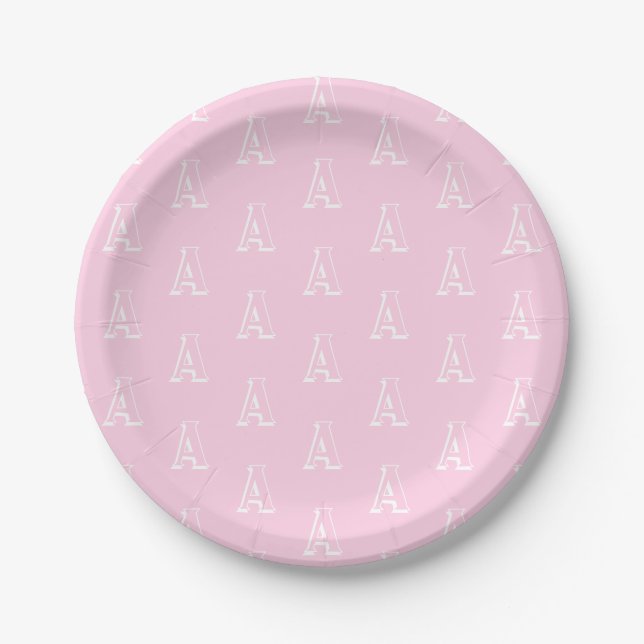 Prato De Papel Personalize com sua letra inicial "A", rosa branco (Frente)