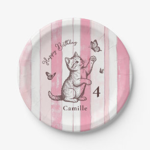 Prato De Papel Personalize Garota Aniversário Kitten Rosa Vintage