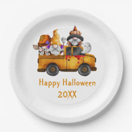 Prato De Papel Personalize Gnomos de Halloween Caminhão Laranja