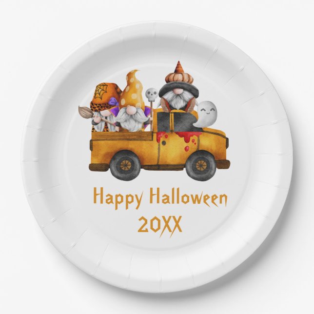 Prato De Papel Personalize Gnomos de Halloween Caminhão Laranja (Frente)