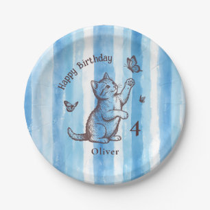 Prato De Papel Personalize Menino Vintage Azul Kitten Aniversário