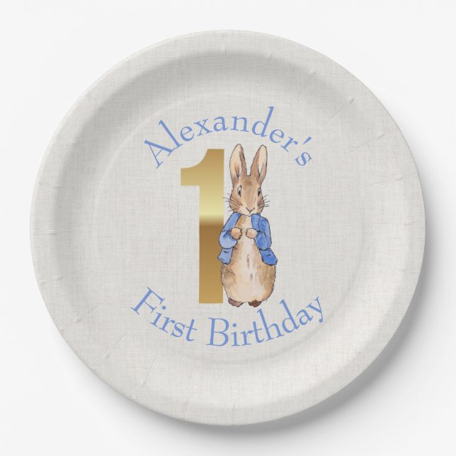 Prato De Papel Personalize Peter o coelho Primeiro aniversário (Frente)