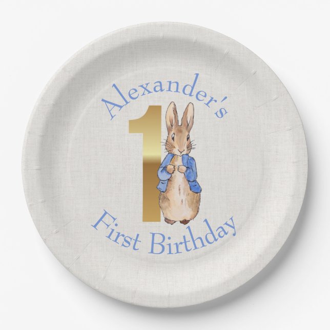 Prato De Papel Personalize Peter o coelho Primeiro aniversário (Frente)