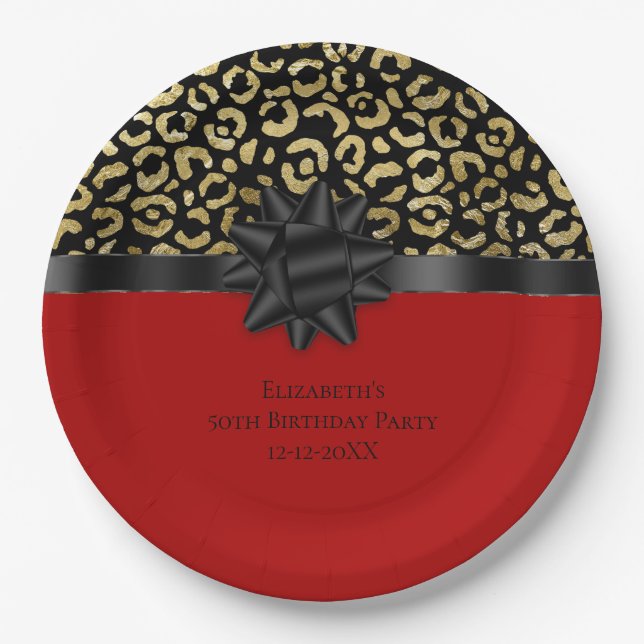 Prato De Papel Personalize Preto Dourado Leopardo Impressão Anive (Frente)