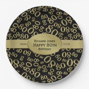 Prato De Papel Personalize: Tema preto e Dourado do aniversário