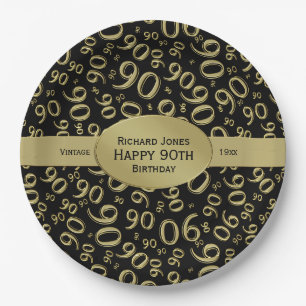 Prato De Papel Personalize: Tema preto e Dourado do aniversário