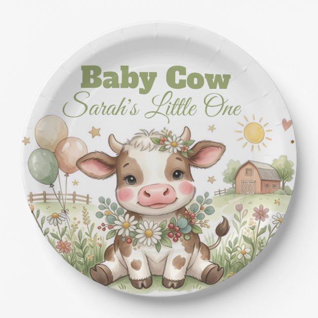Prato De Papel Personalized Baby Cow Baby Shower (Frente)