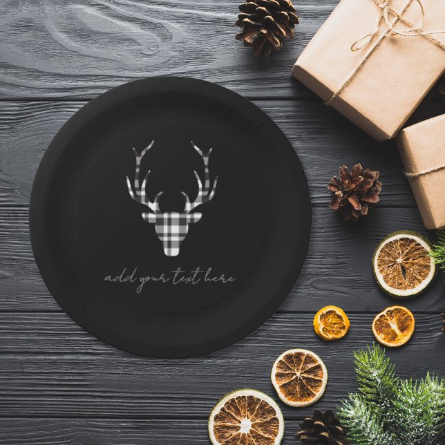 Prato De Papel Personalized Black  Deer Christmas Paper Plates (chi paper plate for christmas. modern black plaid check deer. )