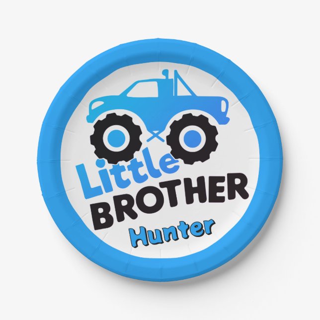 Prato De Papel Personalized Blue Monster Truck Little Brother (Frente)