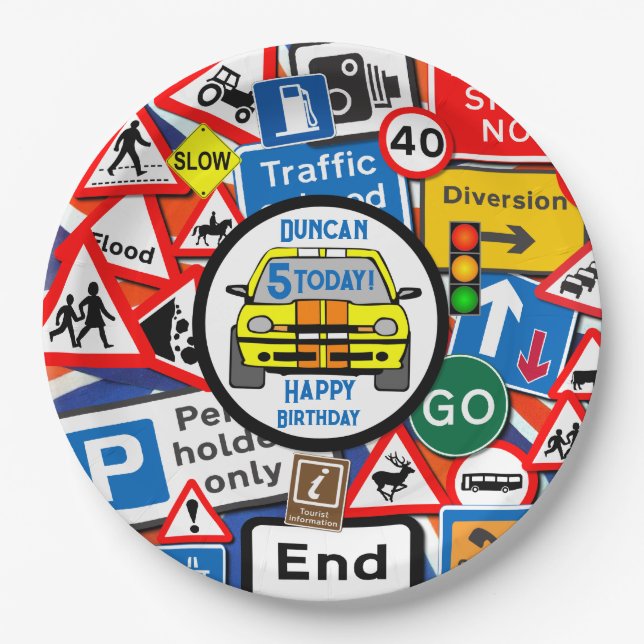 Prato De Papel Personalized Colourful Road Signs, Birthday Party (Frente)